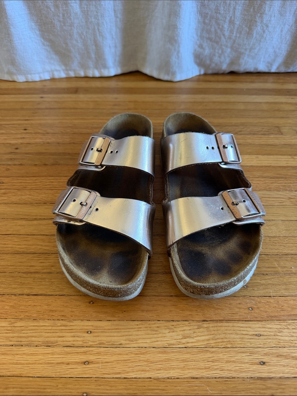 Birkenstock Metallic Silver Two-Strap Arizona Sandals - Picture 2 of 5